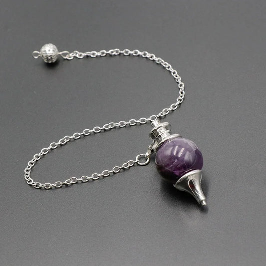 Chakra Natural Stone Crystal Pendulum – Detachable Round Amethyst Pendant for Dowsing & Healing