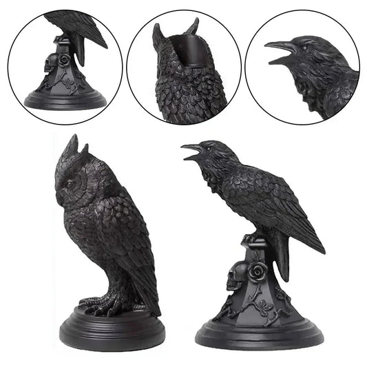 Gothic Crow Candle Holder – Retro Black Resin Owl & Raven Candlestick for Halloween & Home Decor