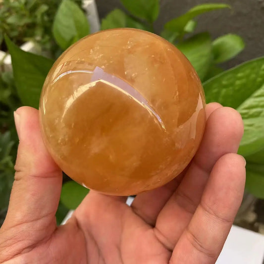 Natural Citrine Calcite Quartz Crystal Sphere – Healing Gemstone with Wooden Stand